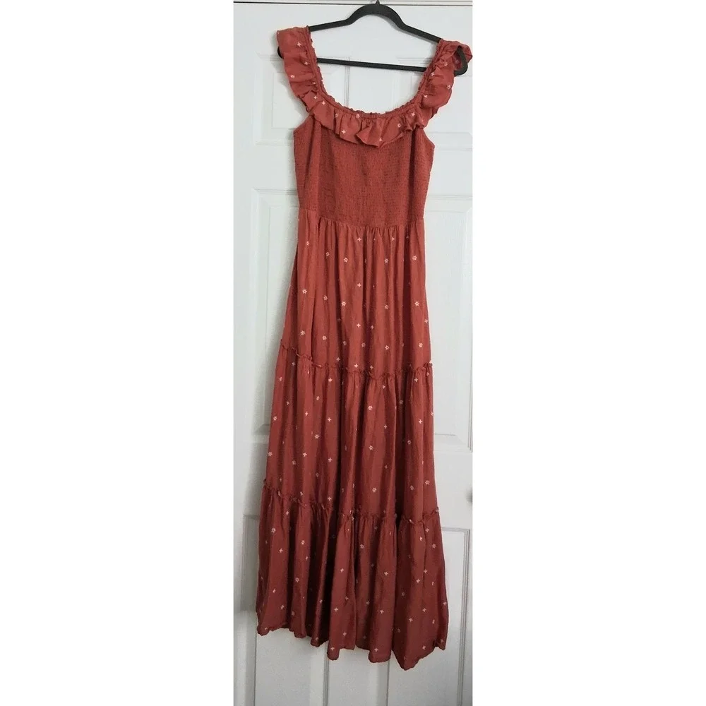 Old Navy Maxi Dress Medium Tall Orange Smocked Embroidered Tiered Cottagecore - Picture 1 of 12